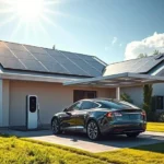 Coche eléctrico deportivo cargando en una estación con paneles solares y energía eólica, representando un concepto de energía renovable y movilidad sostenible.