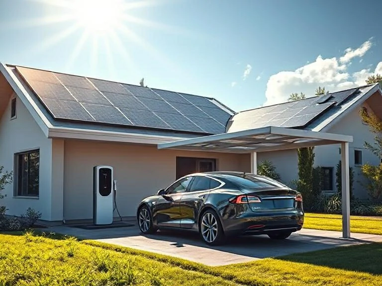 Coche eléctrico deportivo cargando en una estación con paneles solares y energía eólica, representando un concepto de energía renovable y movilidad sostenible.