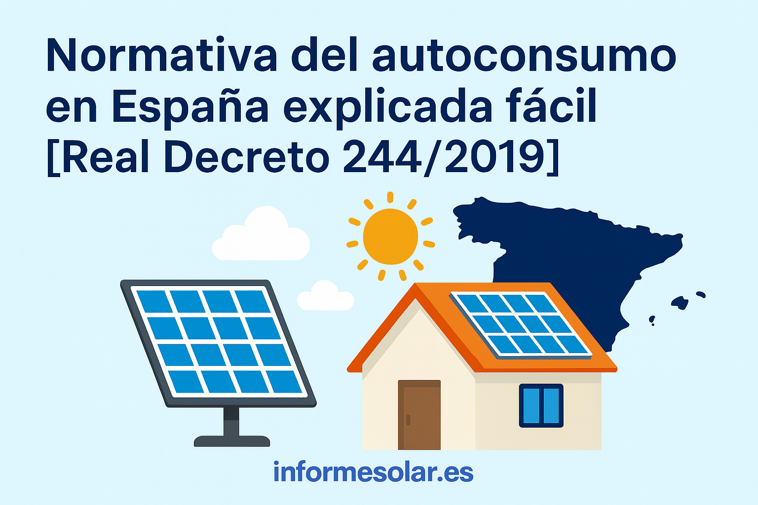 Ilustración sobre la normativa del autoconsumo en España con referencia al Real Decreto 244/2019, fondo azul, casa con paneles solares y mapa de España.